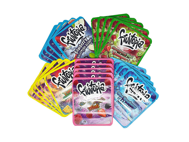 25-Pack 3.5g Thick Sticker Mylar Bags – Premium Resealable Packaging – Fruit Blend Design Collection