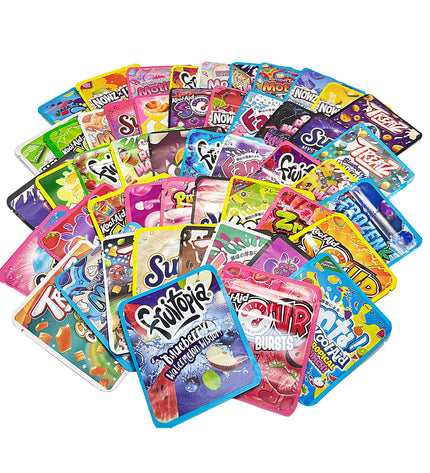 64-Pack 3.5g Thick Sticker Mylar Bags – Premium Resealable Packaging – Assorted Designs