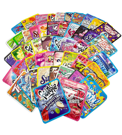 50-Pack 3.5g Thick Sticker Mylar Bags – Premium Resealable Packaging – Assorted Designs