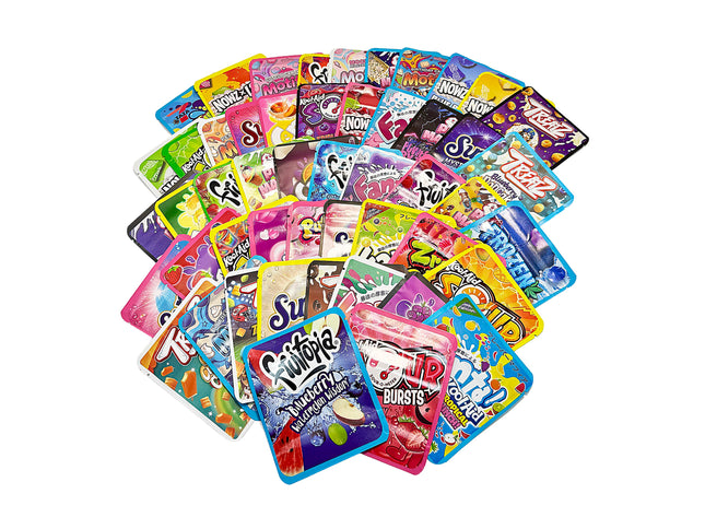 64-Pack 3.5g Thick Sticker Mylar Bags – Premium Resealable Packaging – Assorted Designs