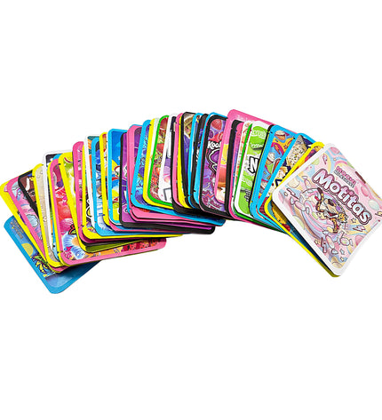 64-Pack 3.5g Thick Sticker Mylar Bags – Premium Resealable Packaging – Assorted Designs