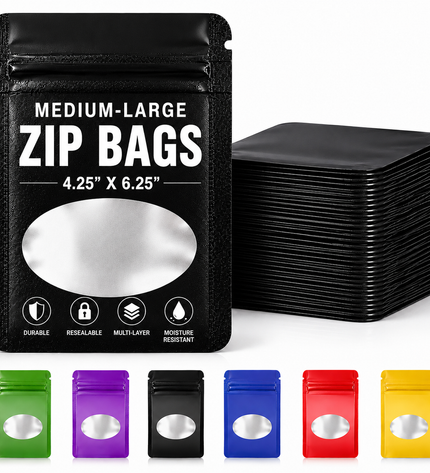50 Pack - Med-Large Solid Color Zip-Seal Foil Pouches (4.25"x6.25") Oval Window Selection