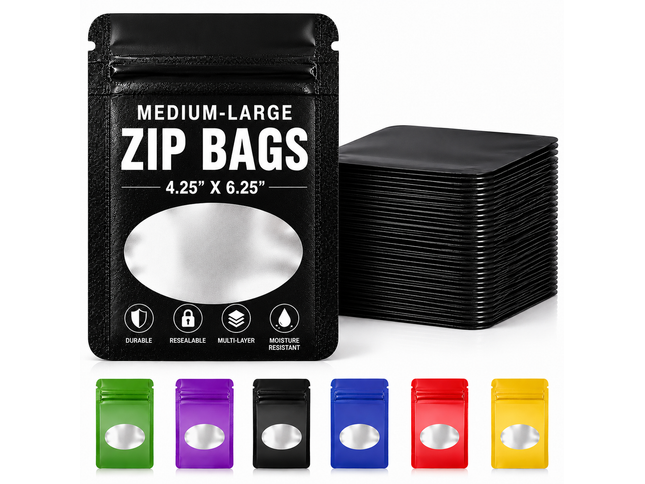 50 Pack - Med-Large Solid Color Zip-Seal Foil Pouches (4.25"x6.25") Oval Window Selection