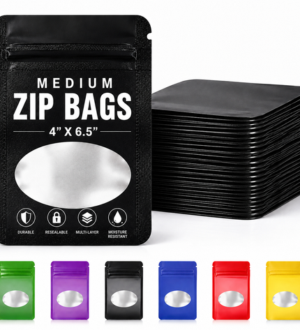 50 Pack - Medium Solid Color Zip-Seal Foil Pouches (4"x6.5") Oval Window Selection