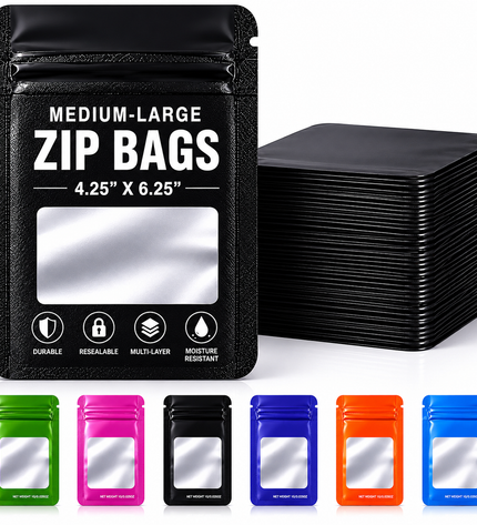 50 Pack - Med-Large Solid Color Zip-Seal Foil Pouches (4.25"x6.25") Square Style Selection
