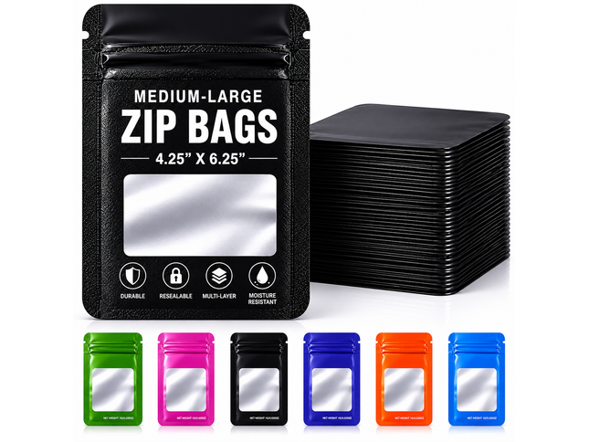 50 Pack - Med-Large Solid Color Zip-Seal Foil Pouches (4.25"x6.25") Square Style Selection