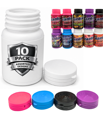 Zantos 3.5g Plastic Storage Bottles - 10 Pack Assorted Designs | Mylar Kings